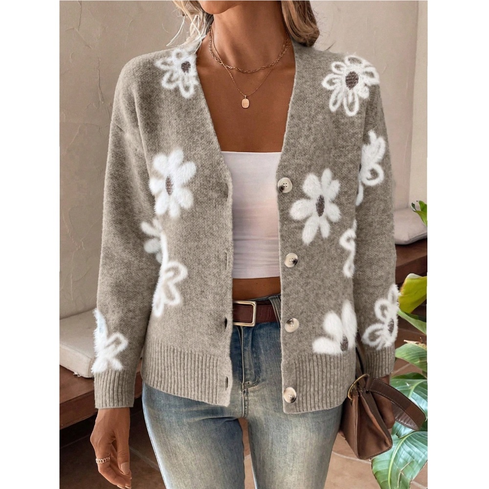 Khaki Cardigan Knit Flower Textured Button Front Fuzzy - Picture 3 of 8